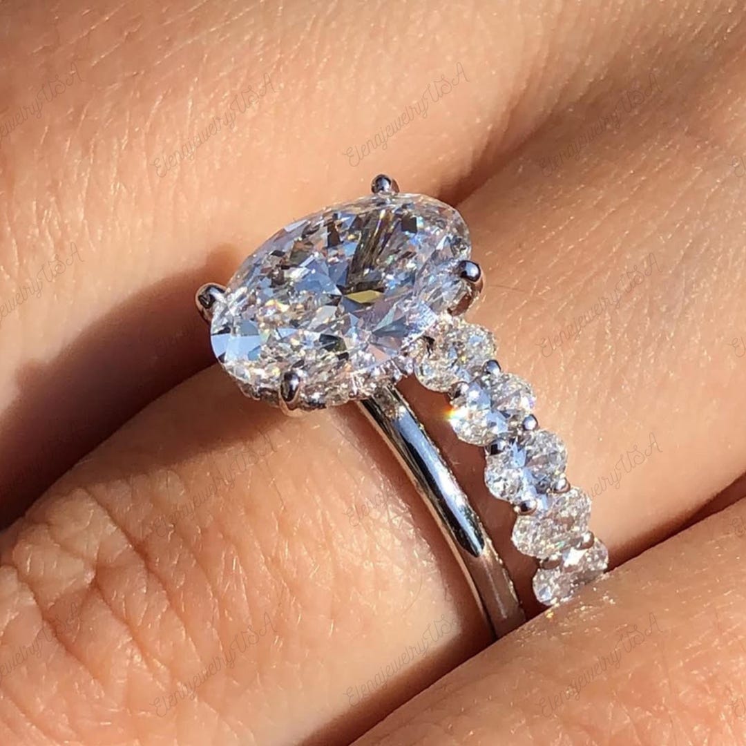 3 CT Oval Cut Moissanite Engagement Ring Set 14K Solid Gold Wedding ...