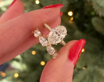 3CT Oval Moissanite Engagement Ring Set, Pear Side Stones, 14K Solid Gold Wedding Band