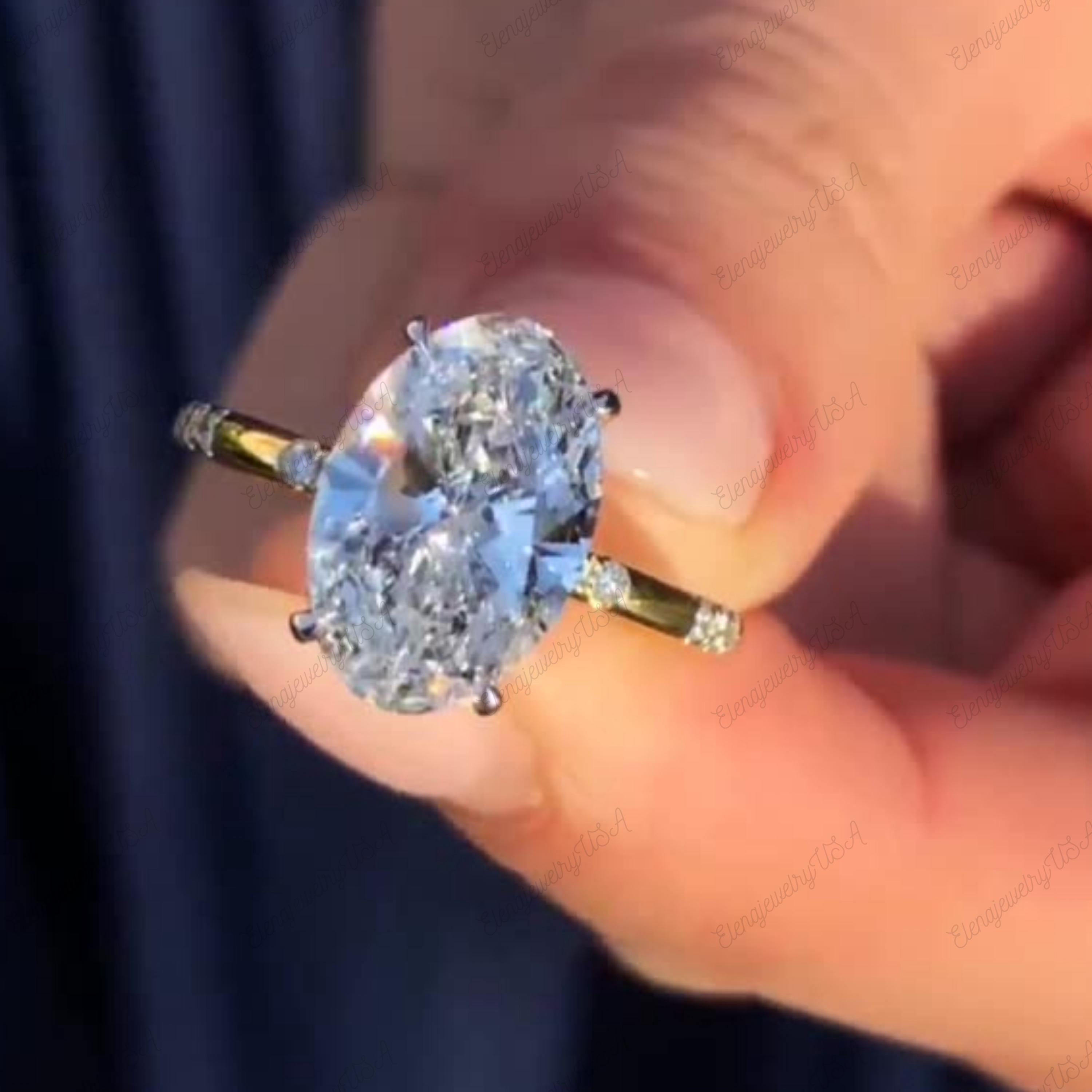 Oval Moissanite Engagement Ring With Hidden Halo / 14K Solid Gold Pave ...