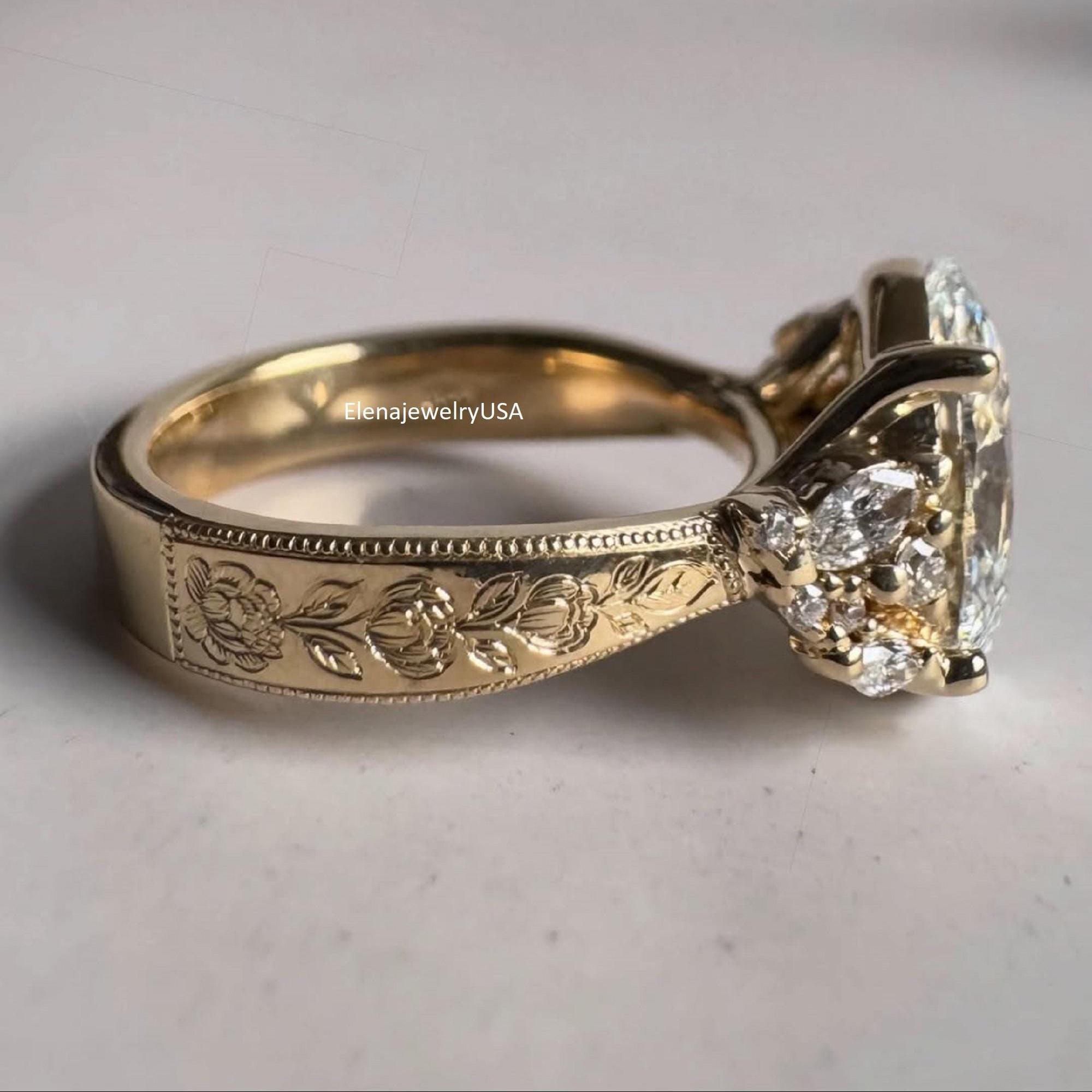 Vintage Oval Moissanite Engagement Ring, Art Deco 14K Gold Wedding Ring ...