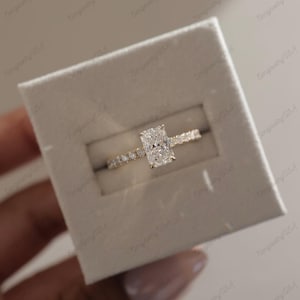 3 CT Radiant Cut Moissanite Engagement Ring, 14K/18K Solid Gold, Hidden Halo Solitaire Promise Ring, 4-Prong Ring, Gift For Her, Pave Band