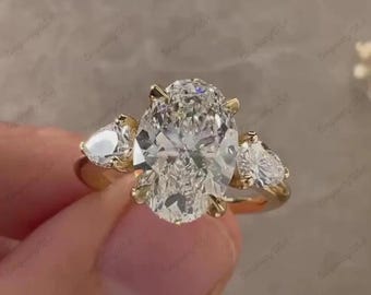 Oval Moissanite Three Stone Engagement Ring, Pear Side Stones, 14K Gold