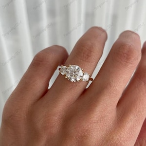 Three Stone Round Cut Moissanite Engagement Ring Cathedral Set 14K Gold Unique Wedding Ring Trilogy Round Diamond Ring, Past Present Future