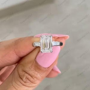 Three Stone Emerald Cut Moissanite Engagement Ring, Trilogy Emerald Ring, Three Stone Engagement Ring 10K Gold Ring, Pat Present Future Ring