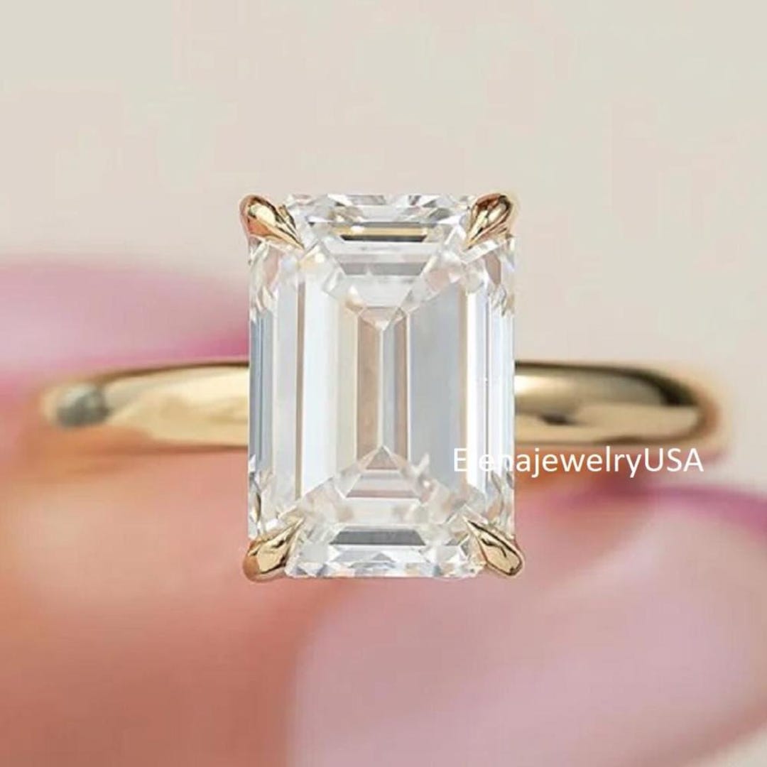 3 Carat Emerald Cut Lab Grown Diamond Engagement Ring / Hidden Halo ...