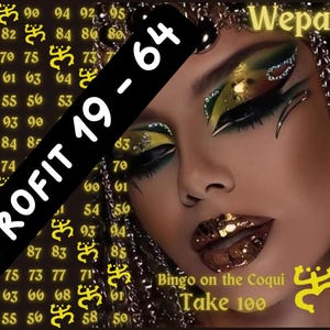 Könnte beinhalten: Ein künstlerisches Bild einer Frau mit aufwendigem Make-up, darunter gold-grüner Lidschatten und schimmernde Lippen. Das Bild enthält den Text "PROFIT 19-64" und "Bingo on the Coqui Take 100".