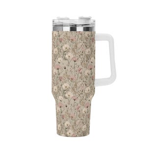 Meadow Whisper 40oz Tumbler – Stainless Steel Floral Insulated Cup with Straw, Large Travel Mug, Hot Cold Drink Cup, Cottagecore Gift