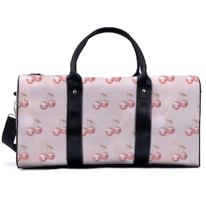Disco Cherry Duffle Bag – Pink Polyester Weekend Overnight Travel Bag, Carry On Cabin Luggage, Cute Gym Dance Beach Hospital Maternity Bag