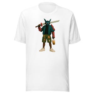 May include: White t-shirt featuring a digital illustration of a character with a blue mask, green jacket, and shorts, holding a sword and a bubble tea. The character is wearing white sneakers.