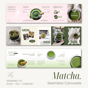 Puede incluir: Un gráfico con la palabra "Matcha" e información sobre matcha vs. té verde, niveles de cafeína y mitos del matcha. El diseño incluye imágenes de la preparación y el consumo de matcha, con texto como "Diseñado para deslizar, contar, convertir."