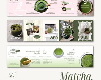 May include: A graphic with the word "Matcha" and information about matcha vs. green tea, caffeine levels, and matcha myths. The design includes images of matcha preparation and consumption, with text like "Designed to Slide Tell Convert."
