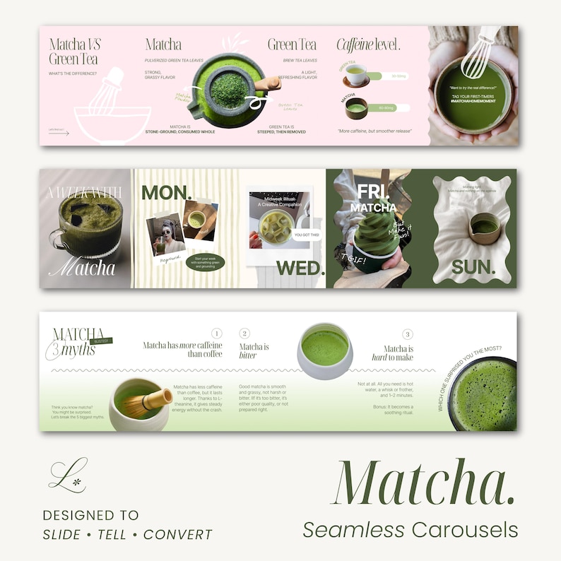 Seamless Carousel Templates Matcha & Cafe Carousel Posts Templates for Social Media Manager IG Carousel Instagram Templates Canva Carusel Design Trendy Carousels Seamless Carousel Posts Matcha Instagram Carousel Templates Canva Instagram Templates Editable Carousel Template