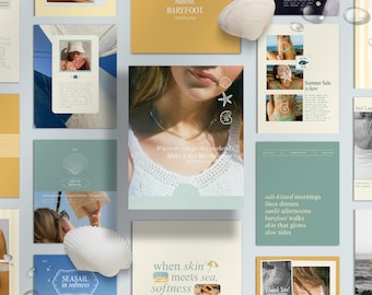 May include: A collection of promotional materials with a summer theme. The items include cards with text like "Summer Vibe," "Seasail in softness," and "When skin meets sea, softness begins." There are also images of a woman and seashells.