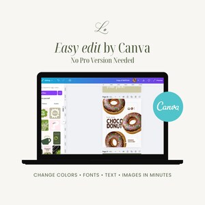 May include: A laptop screen shows a Canva design featuring a Choco Donut graphic. The text "Easy edit by Canva" and "No Pro Version Needed" are visible. The design includes the text "CHANGE COLORS &bull; FONTS &bull; TEXT &bull; IMAGES IN MINUTES". A teal Canva logo is on the right.