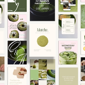 May include: A collection of promotional materials for matcha products. The images include matcha donuts, matcha powder from Uji, Japan, and a matcha whisking workshop. Text includes "Matcha," "Wednesday Whisk!" and "Find your moment of stillness in every cup."
