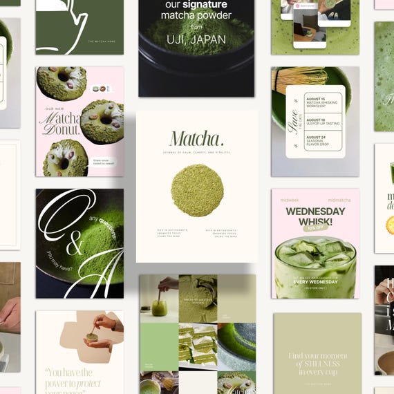 Matcha Instagram Templates with Seamless Carousel Posts - Social Media Canva Editable for Matcha Cafe