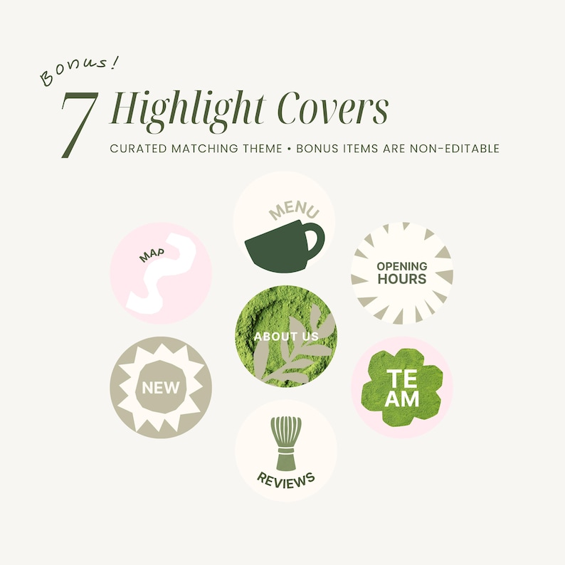 May include: Seven highlight covers with a curated matching theme. The covers include icons for menu, opening hours, about us, team, reviews, and a map. Bonus items are non-editable.