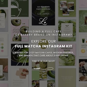 K&ouml;nnte beinhalten: Ein Raster aus quadratischen Grafiken mit Matcha-Inhalten. Der Text enth&auml;lt "Full Matcha Instagram Kit" und "Matcha Donut". Die Farbpalette ist haupts&auml;chlich gr&uuml;n und wei&szlig;, mit einigen rosa Akzenten. Das Gesamtthema bezieht sich auf Matcha-Caf&eacute;s und B&auml;ckereien.