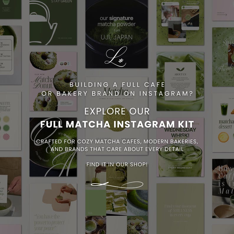 K&ouml;nnte beinhalten: Ein Raster aus quadratischen Grafiken mit Matcha-Inhalten. Der Text enth&auml;lt "Full Matcha Instagram Kit" und "Matcha Donut". Die Farbpalette ist haupts&auml;chlich gr&uuml;n und wei&szlig;, mit einigen rosa Akzenten. Das Gesamtthema bezieht sich auf Matcha-Caf&eacute;s und B&auml;ckereien.