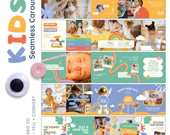 May include: A vibrant graphic design for children's products, with the word "KIDS!" and the phrase "Seamless Carousels." The design incorporates images of children, text, and illustrations promoting play and learning. A pink button and a googly eye are also included.