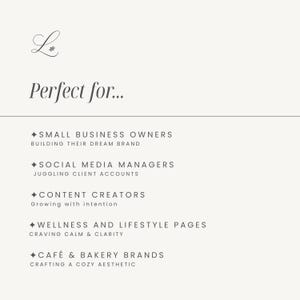 K&ouml;nnte beinhalten: Cremefarbene Grafik mit dem Buchstaben "L" und dem Text "Perfect for..." gefolgt von einer Liste von Zielgruppen, darunter Kleinunternehmer, Social-Media-Manager und Content-Ersteller.
