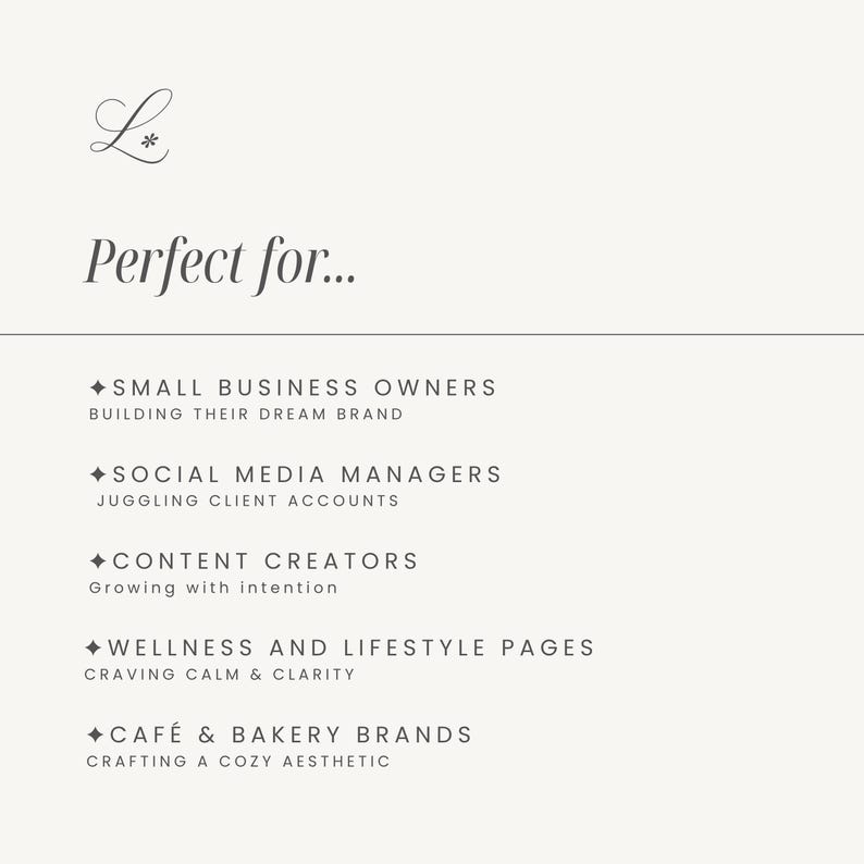 K&ouml;nnte beinhalten: Cremefarbene Grafik mit dem Buchstaben "L" und dem Text "Perfect for..." gefolgt von einer Liste von Zielgruppen, darunter Kleinunternehmer, Social-Media-Manager und Content-Ersteller.