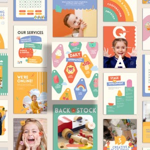 Könnte beinhalten: Eine Sammlung farbenfroher Lernposter und -karten. Die Poster zeigen Texte wie „Unsere Dienstleistungen“, „Tägliche Affirmation“ und „Entwicklungsstadium“. Die Karten zeigen Illustrationen eines Regenbogens, Kirschen und eines Tigers. Das Gesamtthema ist Kinderbetreuung und Lernen.