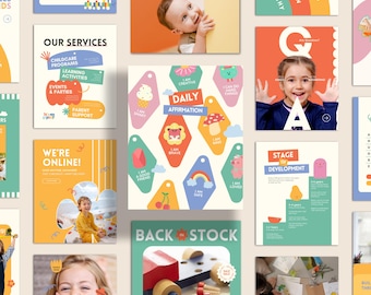 May include: A selection of vibrant educational posters and cards. The posters display text such as "Our Services," "Daily Affirmation," and "Stage of Development." The cards feature illustrations of a rainbow, cherries, and a tiger. The theme is childcare and learning.