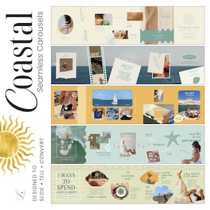 Op de afbeelding: Een digitale grafische ontwerpindeling met een kustthema, met tekst en afbeeldingen. Het ontwerp bevat het woord "Coastal" in een gestileerd lettertype, samen met zinnen als "5 Ways to Spend a Soft Summer". Het kleurenpalet bevat tinten blauw, geel en beige.