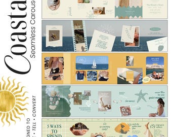 May include: A digital graphic design layout with a coastal theme, featuring text and images. The design includes the word "Coastal" in a stylized font, along with phrases like "5 Ways to Spend a Soft Summer". The colour palette includes shades of blue, yellow, and beige.