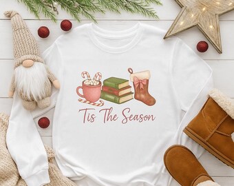 Comfort Colors Long Sleeve Christmas T-shirt, hot cocoa, books, stocking, holiday, pink