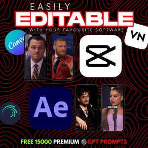 May include: A promotional graphic with a red and black wavy background. The text "EASILY EDITABLE" is at the top. Images of celebrities and software logos are displayed on smartphones. The text "FREE 15000 PREMIUM GPT PROMPTS" is at the bottom.