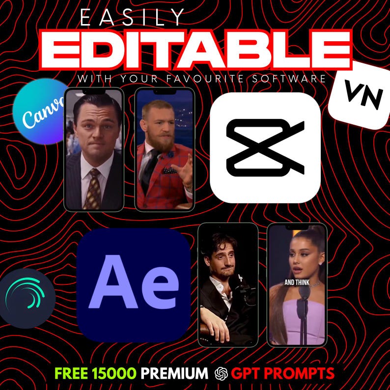 May include: A promotional graphic with a red and black wavy background. The text "EASILY EDITABLE" is at the top. Images of celebrities and software logos are displayed on smartphones. The text "FREE 15000 PREMIUM GPT PROMPTS" is at the bottom.