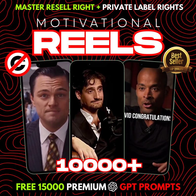 May include: A promotional graphic with the text "MOTIVATIONAL REELS" in large white letters. The image features three smartphone screens displaying different men. The graphic also includes the text "10000+" and "FREE 15000 PREMIUM GPT PROMPTS."