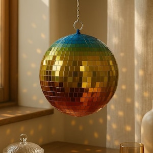 Könnte beinhalten: Eine hängende Discokugel mit Regenbogenverlauf, die Licht auf eine Holzoberfläche reflektiert. Eine kleine Topfpflanze, ein Glas, eine Vase und ein Glas befinden sich ebenfalls auf der Oberfläche.