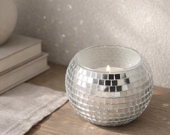Disco Ball Candle Holder 5cm | Mini Mirror Mosaic Tealight Holder | Silver Party Table Decor | Y2K Glam Home Accent