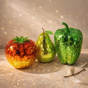 ミラーモザイクディスコ野菜デコレーション｜トマト、洋ナシ、ピーマン、ニンジンの置物｜キラキラ輝く華やかなホームデコレーション｜彼女へのユニークなギフト