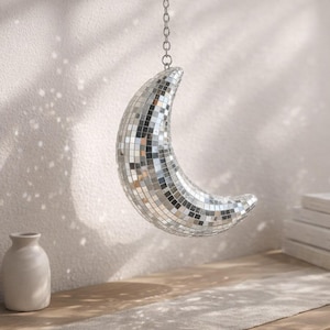 Disco Moon Wall Decor | Mirror Tile Crescent  | Hanging Disco Ball | Sparkle Light Reflection Decor | Party Room