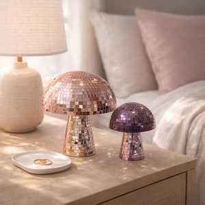 Disco Mushroom Decor | Mirror Mosaic Mushroom Sculpture | Sparkly Shelf Accent | 5in 6in 9in | Gold, Silver, Purple