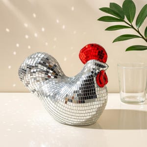Disco Mosaic Chicken Sculpture | Mirrored Hen Tabletop Decor