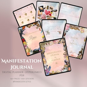Puede incluir: Una colección de páginas de planificador digital mostradas en tabletas. Las páginas presentan diseños florales y caprichosos con texto como "Manifestation Journal & Planner" y "Vision & Goals". El estilo es Whimsigoth. Planificador PDF digital.
