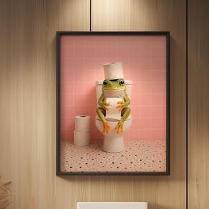 Rolig groda badrumsväggkonst, groda på toaletten poster, nyckfull grodatryck, rosa badrumsdekor, söt djurväggkonst, toaletthumorgåva