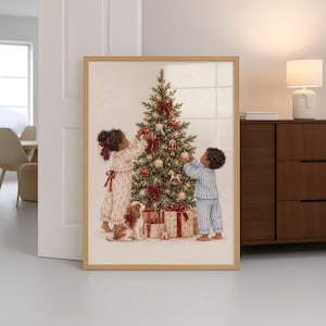 黒人の子供たちのクリスマスウォールアート、子供たちがクリスマスツリーを飾るヴィンテージアートプリント、赤いリボンのホリデーアート、子供部屋の装飾 - デジタルファイル