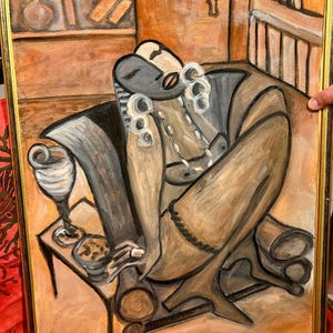 Oil painting 50 x 70 cm depicting a woman on an armchair with a spritz
