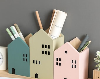 Wooden House Pen Holder: Nordic Desk Organizer