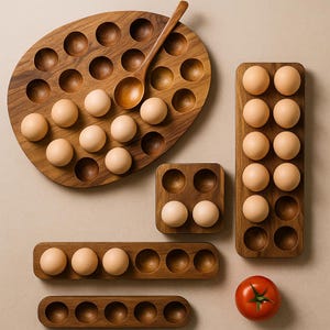 May include: A collection of wooden egg holders and serving trays. The largest tray is oval-shaped with a wooden spoon. Several trays hold eggs, and a single red tomato is also present. The wood has a warm, natural finish.