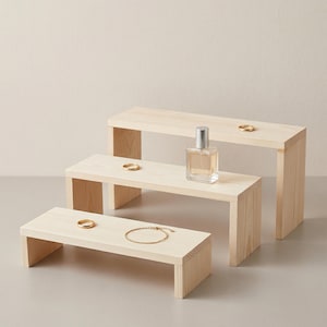 IPc Natural Wood Display Riser Stand, Minimalist Countertop Shelf, Jewelry Organizer Tray