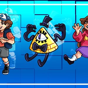 May include: Cartoon illustration featuring characters from the animated series Gravity Falls. The image includes Dipper Pines, Bill Cipher, and Mabel Pines, set against a blue background with a white border.