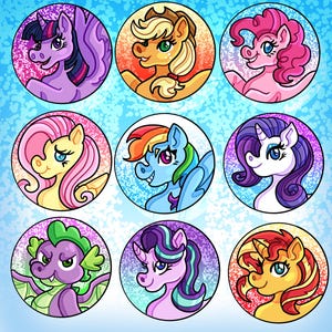 May include: Nine colorful cartoon pony character portraits in circular frames. Each pony has a unique color scheme and design, including purple, pink, yellow, blue, and orange. The background is a light blue with white speckles.