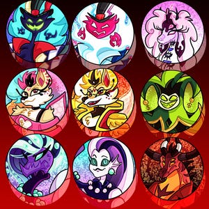 May include: Nine colorful circular illustrations featuring stylized fantasy characters. Each character has a unique design, with varying colors and expressions. The backgrounds are a mix of patterns and solid colors, set against a red backdrop.